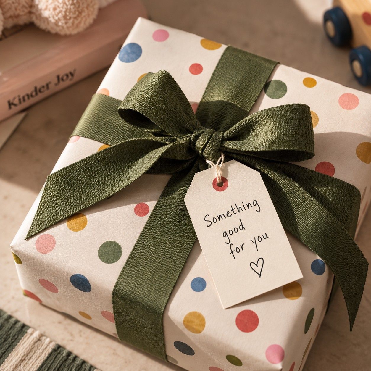 A wrapped gift in polka-dot paper with a green ribbon bow and a tag reading Something good for you