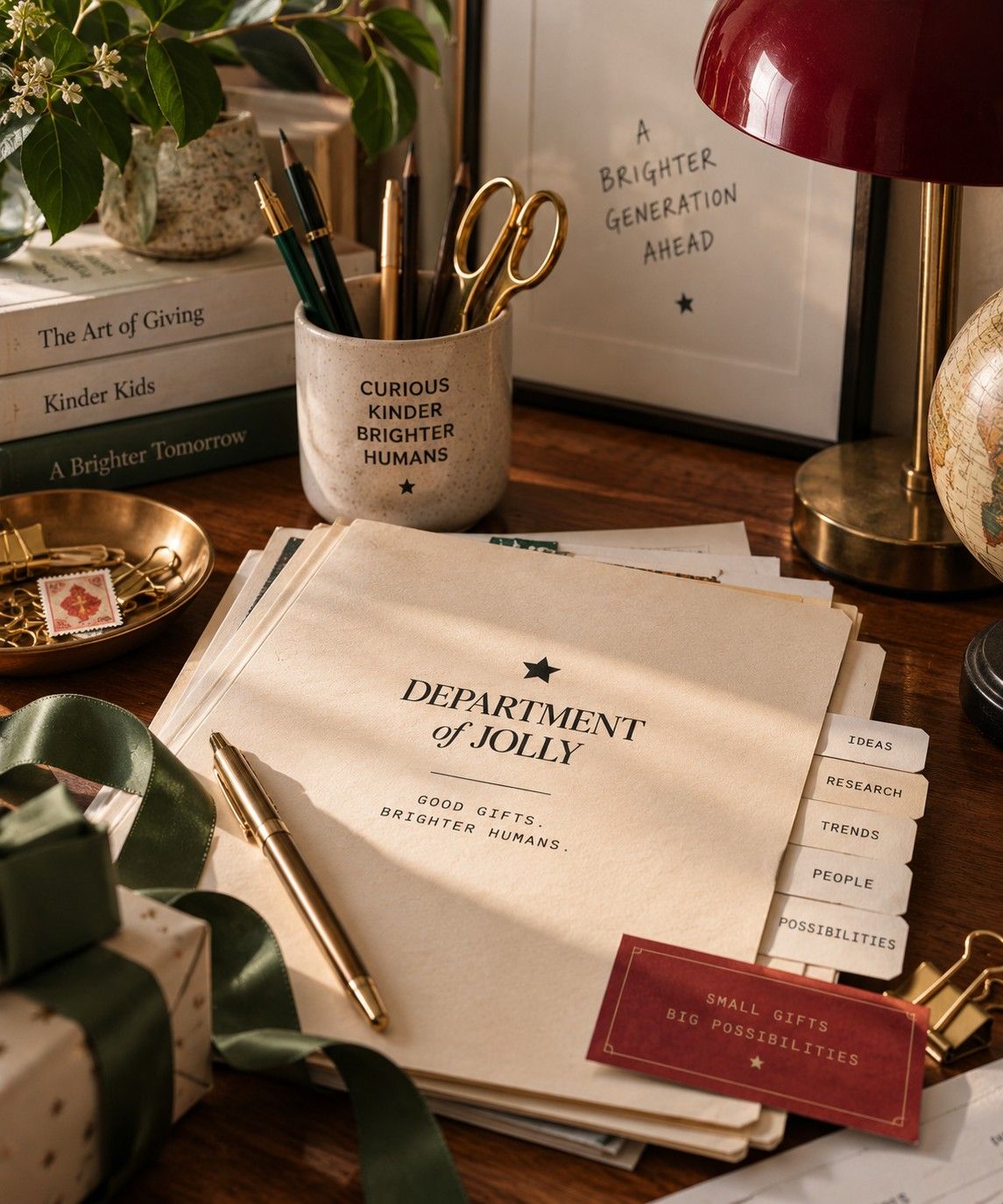 A styled desk scene with a Department of Jolly case folder, pens, a mug reading Curious Kinder Brighter Humans, and a wrapped gift