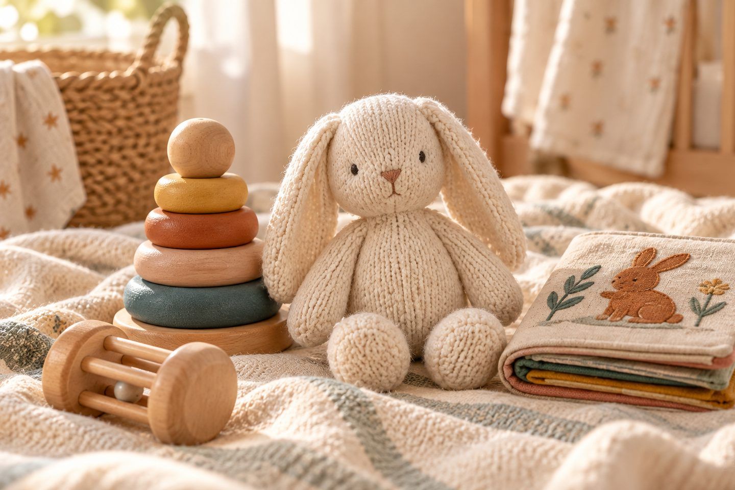 A tactile still life of soft toys and wooden stacking rings