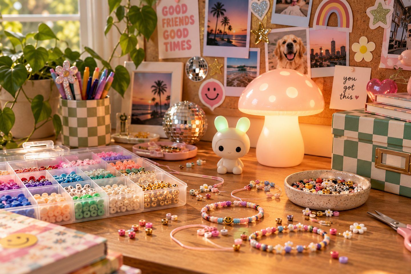Emerging taste: a desk with collectibles, a bracelet kit and a lamp