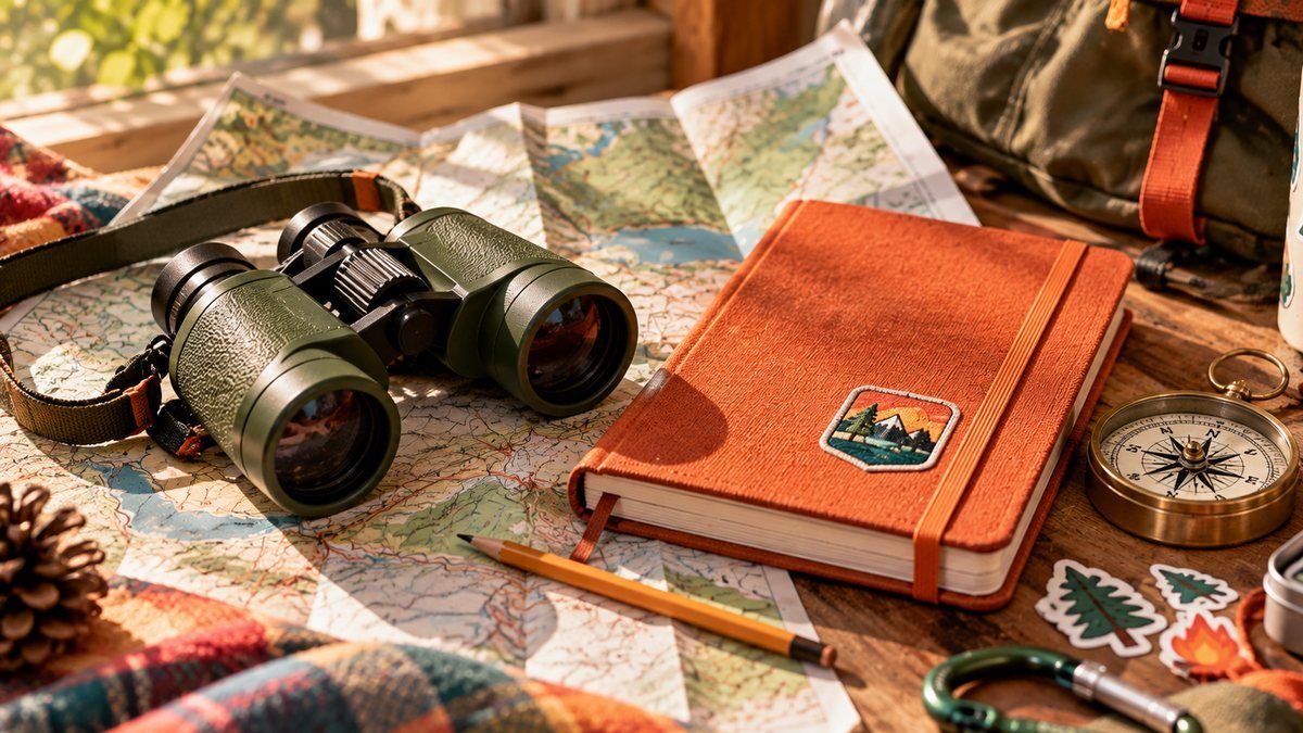 Binoculars, an orange journal, a compass and a folded map on a wooden table