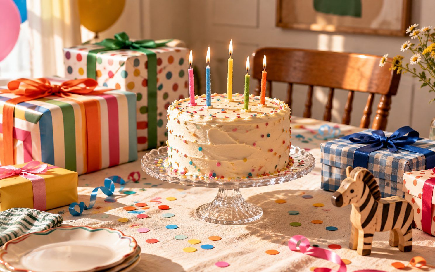 A birthday still life: a cake with lit candles and gifts wrapped in striped and polka-dot paper