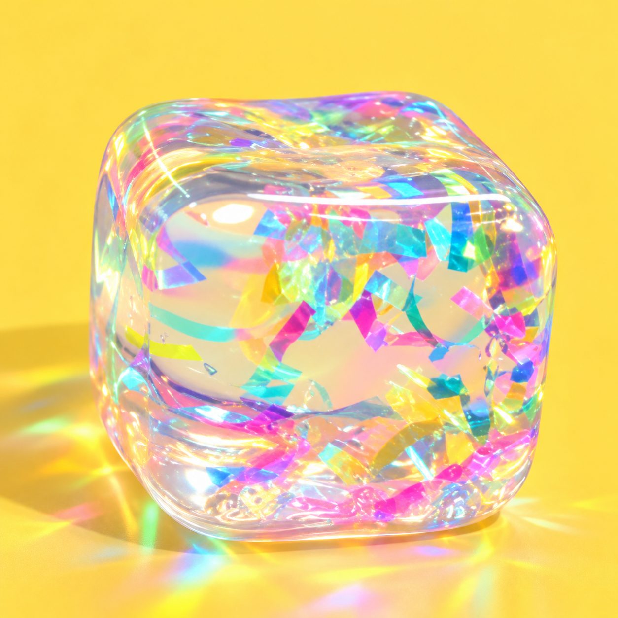Iridescent squishy toy filled with holographic confetti on yellow