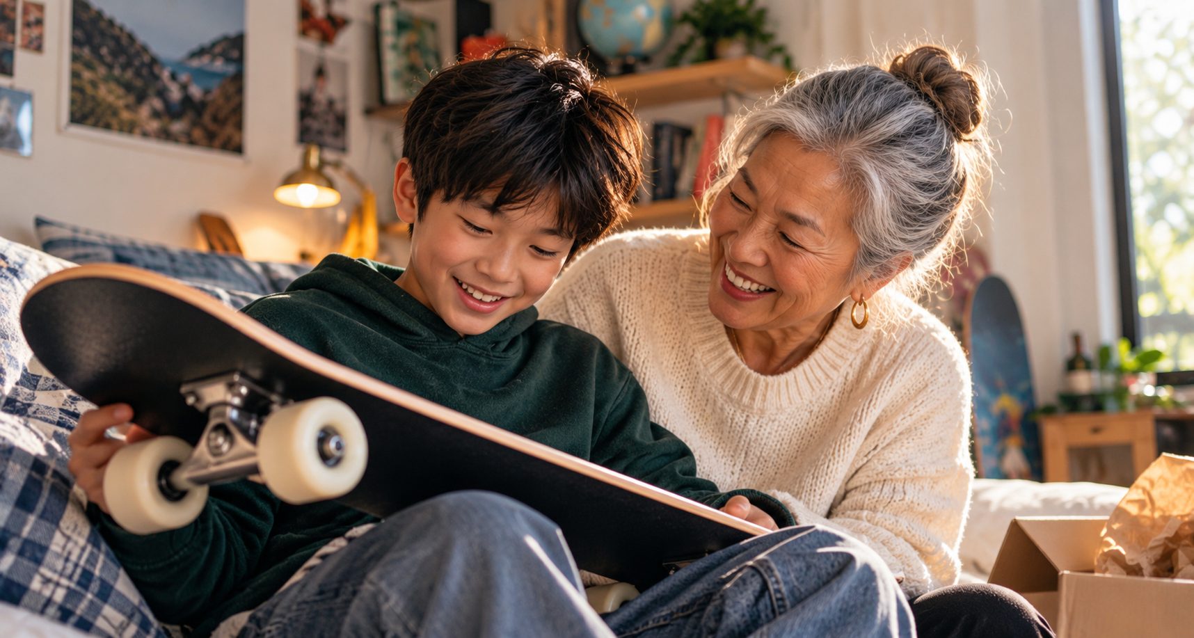 Grandmother smiling as her grandson looks over a new skateboard