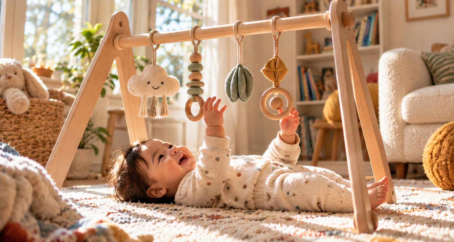 Baby laughing and reaching for the toys on a wooden play gym in a sunlit room