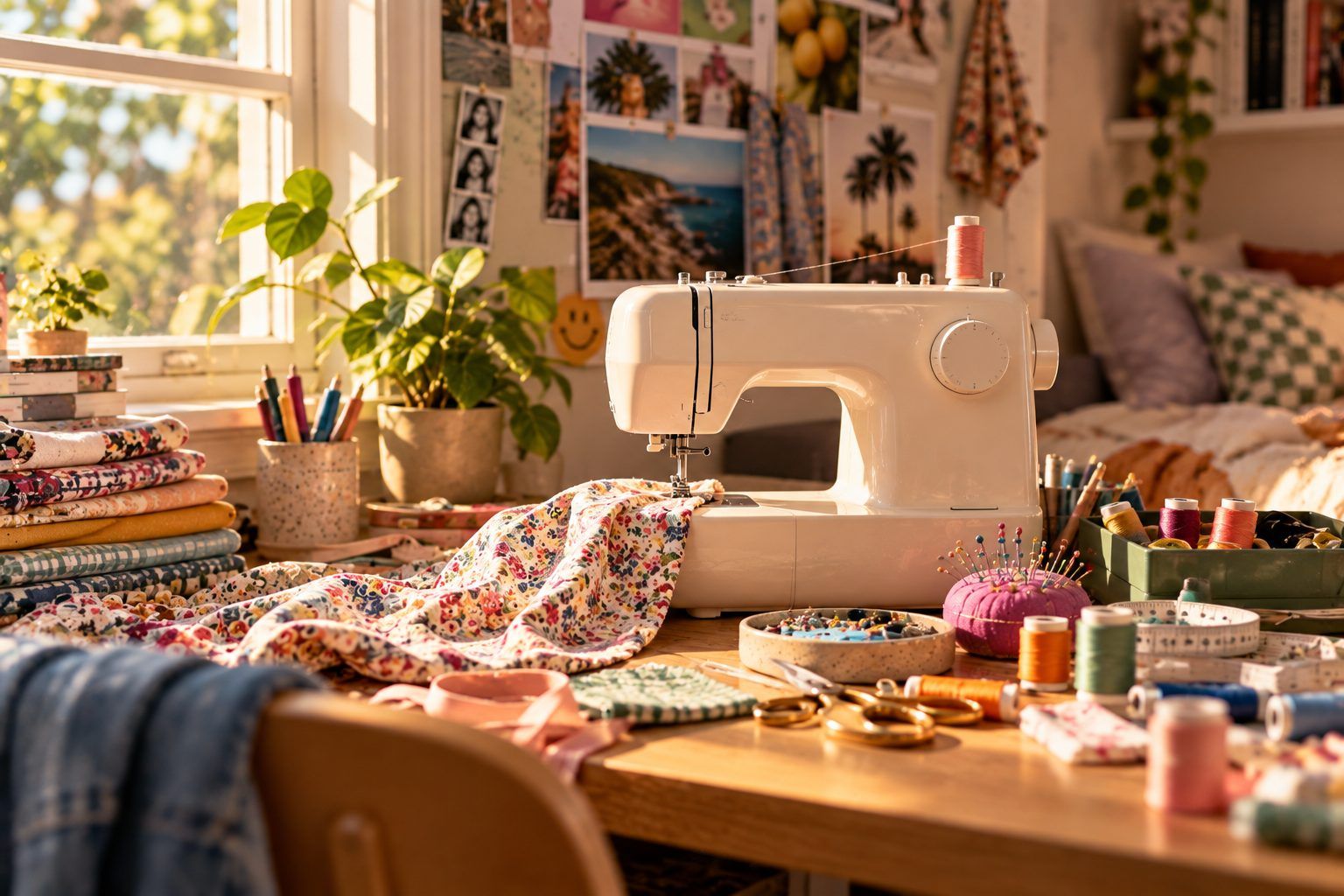 A sunlit sewing table with a white sewing machine, floral fabric, spools of thread and a pin cushion