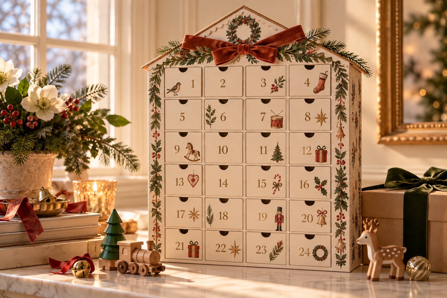 A house-shaped wooden advent calendar with 24 numbered drawers and a velvet bow