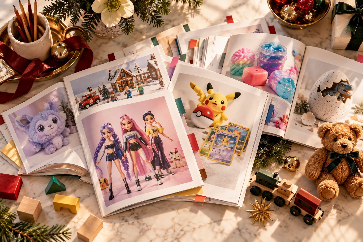 Holiday toy catalogues spread open on a marble table, flagged with coloured tabs