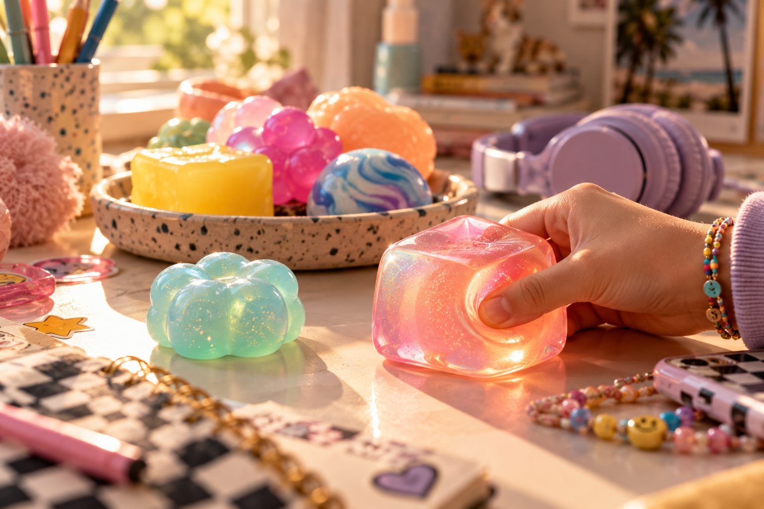 A hand squeezing a translucent pink squishy cube beside a dish of colorful squishy toys
