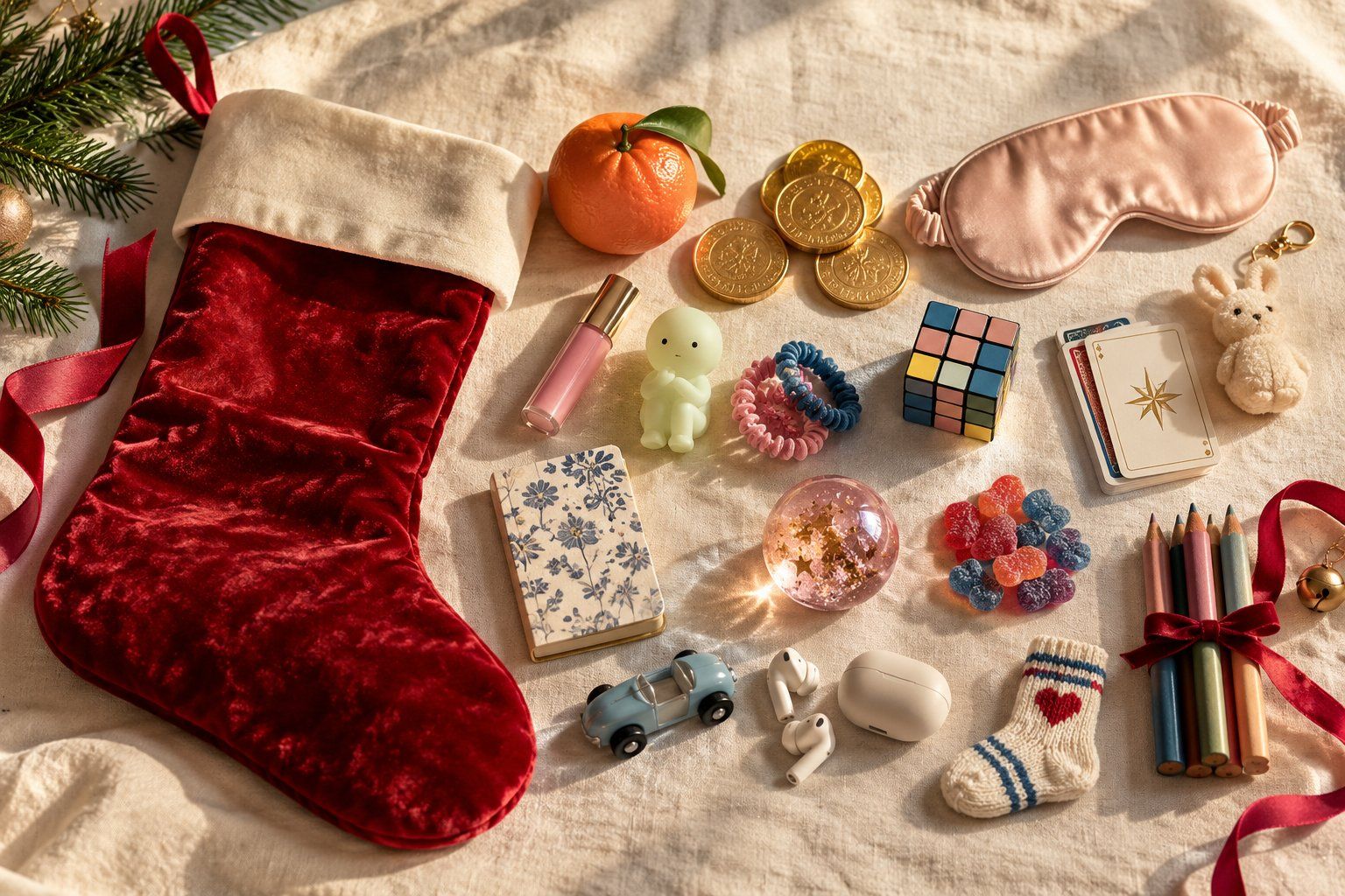 A red velvet Christmas stocking laid flat beside its contents: a clementine, gold chocolate coins, a satin sleep mask, a puzzle cube, playing cards, gummy sweets, earbuds and other small gifts