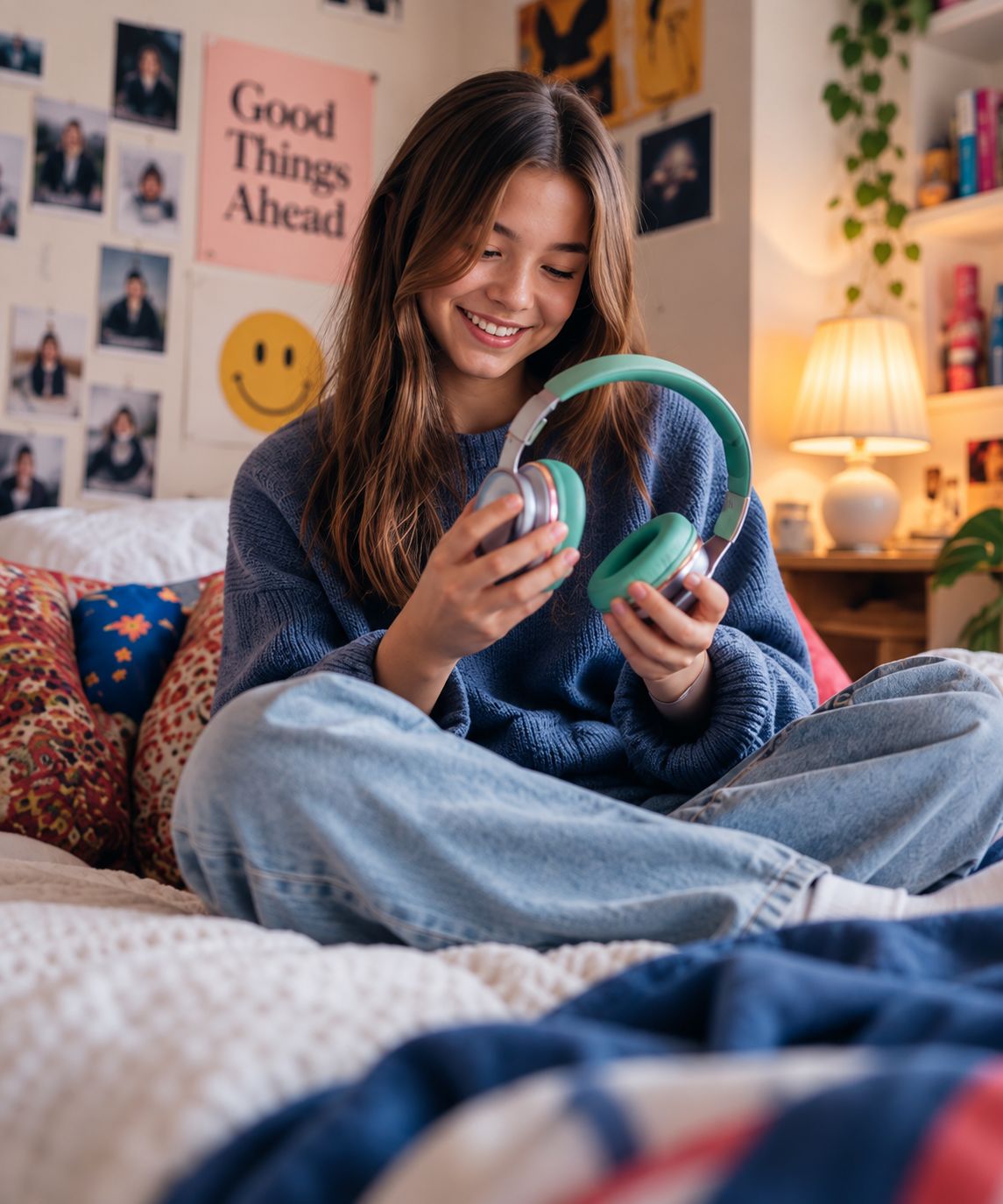 Teen smiling while examining a pair of green headphones just received as a gift